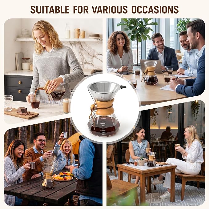 Pour Over Coffee Maker 34oz (1000ml), Borosilicate Glass Carafe with Wooden Handle & Diamond-Shaped Body, Double Layer Stainless Steel Filter, Drip Coffee Brewer for Home Camping Hiking