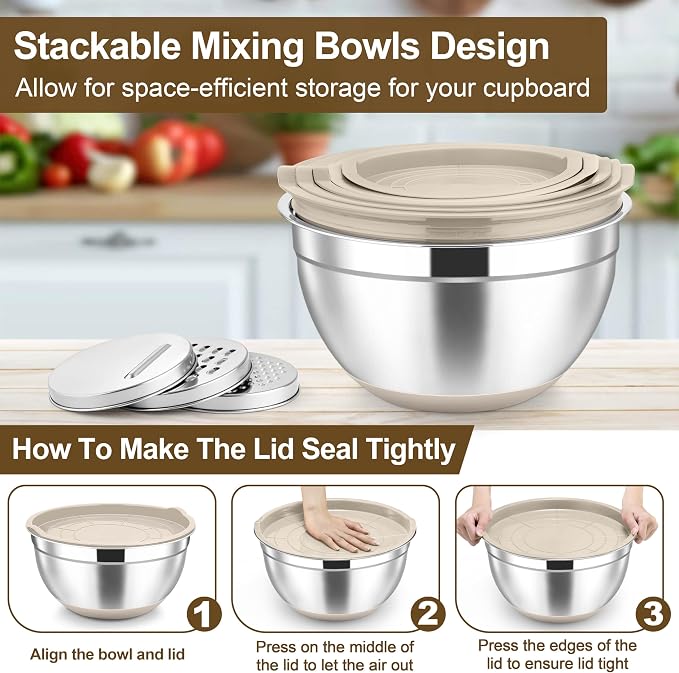 TeamFar Mixing Bowls, Stainless Steel Salad Bowl with Lid & Graters -Khaki | 6 PCS for Kitchen Baking Serving Prepping, Container for Dough Veggie Fruit, Non-Slip & Nesting, 4.6 /3.5 /2 /1.5 /1 /0.7 QT
