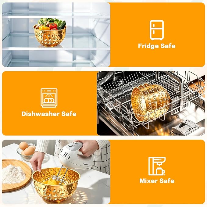 5-Piece Gold Stainless Steel Mixing Bowls Set | 4.9/4.2/3.2/2.1/1.6QT, Hammered Design, Food-grade, for Kitchen Meal Prep, Baking, Movie Night, Party and Home Decor
