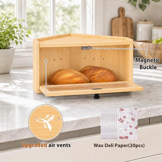 Sunhoo Bread Box for Kitchen Countertop Wooden Corner Breadbox Counter Food Storage Bin Container Farmhouse Rustic Homemade Bread Fresh Keeper Organizer Holder Vintage Stackable with Window (Yellow)