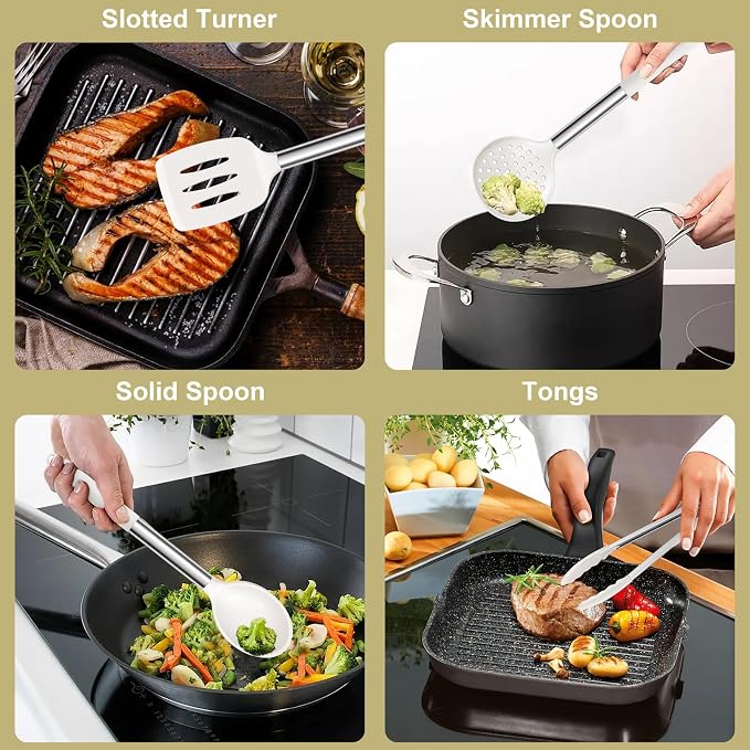 E-far Silicone Cooking Utensils Set, 7-Piece White Kitchen Utensils Set | Heat Resistant Nonstick Cookware with Stainless Steel Handle, Slotted Turner, Spoon, Soup Ladle, Pasta Server, Skimmer, Tongs