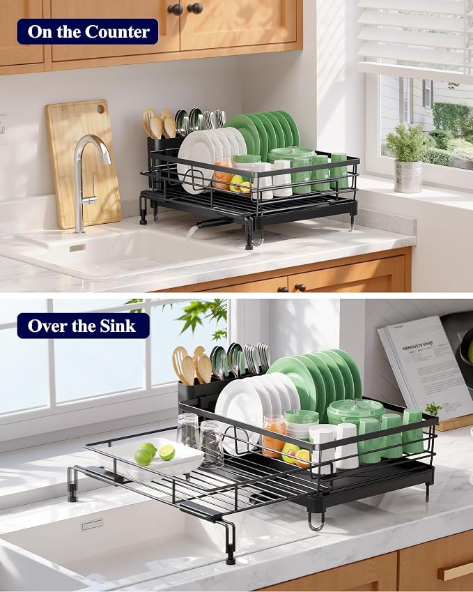Kitsure Adjustable Dish Drying Rack, 15.6''-25.2''L × 16.9''W, Black | Large Dish Drying Rack, Rust-Resistant Dish Racks for Kitchen Counter, With Adjustable Support Legs, Cutlery Holder