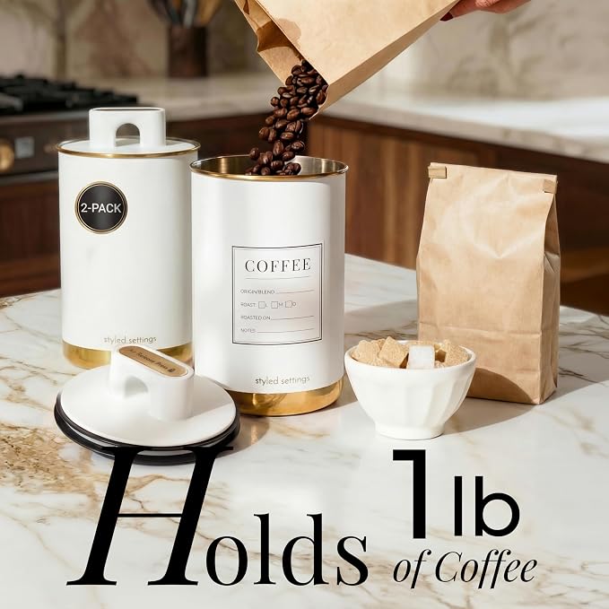 STYLED SETTINGS Vacuum Coffee Container Set, 2-Piece, White and Gold | Stainless Steel, BPA Free, Food Grade, Airtight, Vacuum Effect, Double Lid