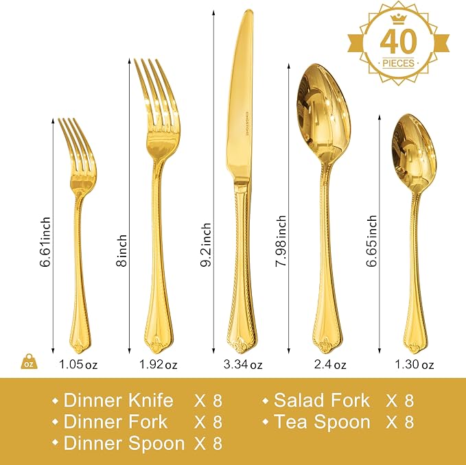 40 Pcs Gold Silverware Set, 18/10 Stainless Steel Flatware for 8 | Vintage Cutlery Set for Kitchen, Home, Wedding, Party, Mirror Polished and Dishwasher Safe, Featured Gifts