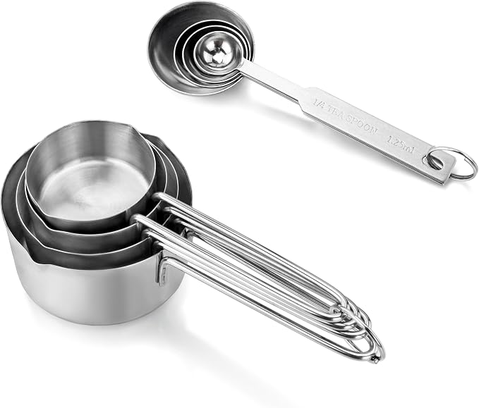 New Star Foodservice 42917 Stainless Steel Measuring Cups and Spoons Set, 8-Piece Metal Measuring Set for Baking, Cooking, Dry and Liquid Ingredients, Restaurant Grade, Silver