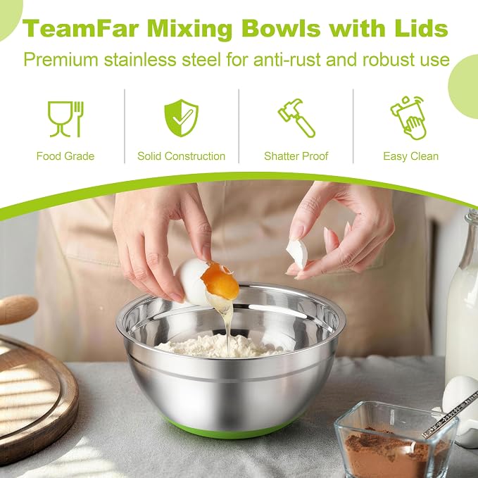 TeamFar Mixing Bowls, Stainless Steel Salad Bowls with Lids - Colorful | Nesting Bowls with Non-slip Bottom, for Kitchen Baking Preparing Serving, Stackable & 6PCS - 4.6 /2.6 /2 / 1.5 /1 / 0.7 Qt