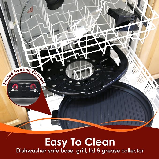 Elite Gourmet EMG-980BX Indoor Electric Round Grill, Non-Stick, 14" Black | Cool-touch handles, fast heat-up, dishwasher-safe with glass lid - great for low-fat meals, easy cleanup