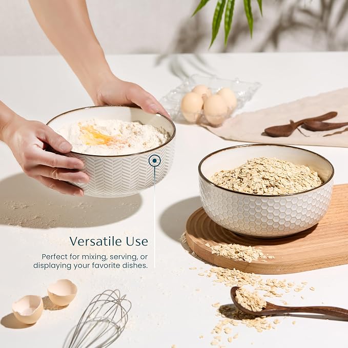 KooK Ceramic Salad Bowls, Embossed Large Kitchen Bowls, For Serving Pasta, Soup, Fruits, Microwave and Dishwasher Safe, Cream with Dark Copper Accents, Set of 2, 60 oz, Narbonne Collection
