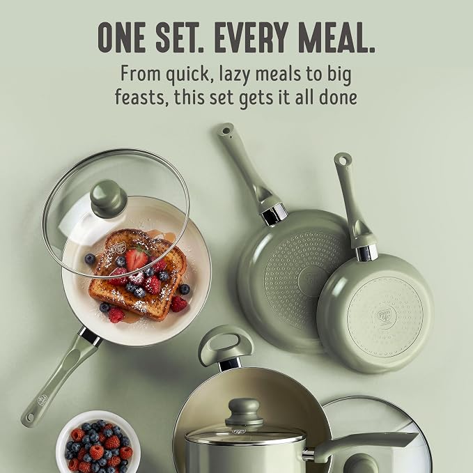GreenLife 16pc Ceramic Nonstick Pots & Pans Cookware Set, Sage Green | PFAS-Free Nonstick Coating, Stockpot, Frying Pans, Saucepan, Sauté, Induction Ready, All Stovetop Compatible, Dishwasher Safe