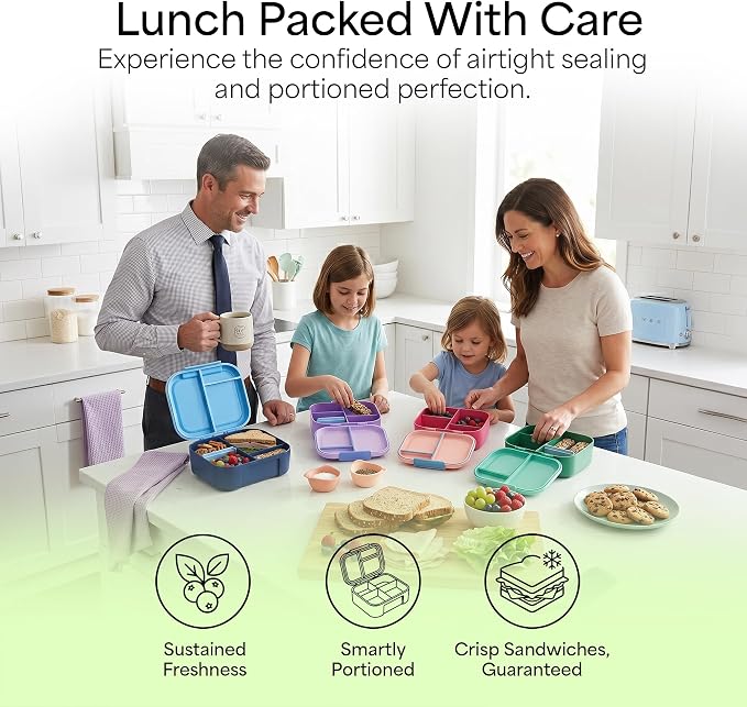 Leakproof Bento Lunch Box, 3-Compartment, Extra Large, Lilac & Blue | 3-Compartment Design, Leakproof, Extra Large Capacity, Adjustable Divider, Includes Cooler Pack, Dishwasher Safe, Reusable