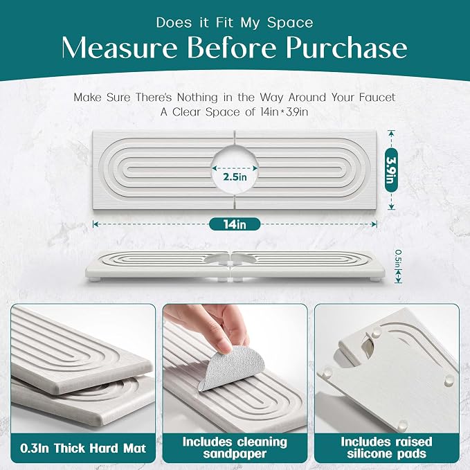 Diatomite Kitchen Faucet Mat - 14Inch Water Absorbing Stone Tray for Sink, Stone Fast-Drying Faucet Mat for Kitchen Counter Sink Accessories (Light Grey, 14'' x 3.9'')