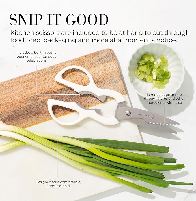 Styled Settings White Knife Set with Block and Sharpener, 14-Piece | Ultra-Sharp High Carbon Stainless Steel Knives with Gold Triple Rivet White Handles and Ashwood Knife Block