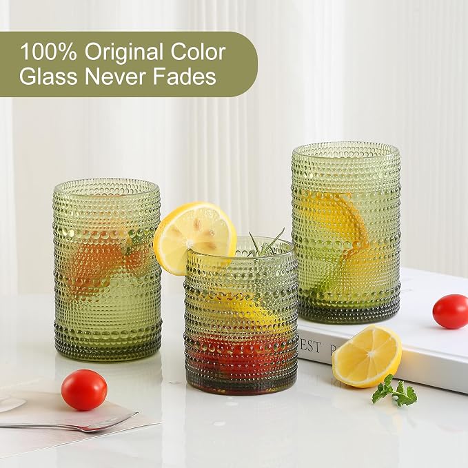 ZMOWIPDL 12oz & 15oz Hobnail Drinking Glasses,Green Glass Cups Set of 8 | Vintage Highball Glassware，Kitchen Drinkware，Embossed Water Tumbler,for Beer,Cocktail,Whiskey,Juice,Various Mixed Drinks