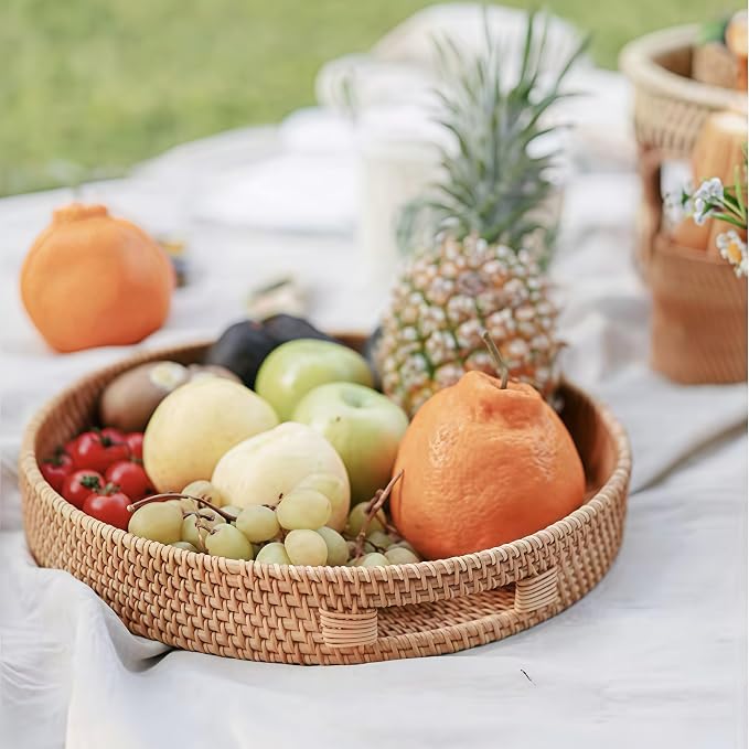 2 Pack Round Rattan Tray, Hand Woven Serving Tray with Handles, Wicker Serving Basket, Decorative Tray for Home Decor, Natural (11.8 + 14 inch)