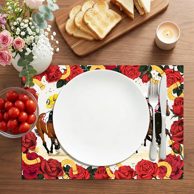 50 Pack Kentucky Horse Racing Disposable Paper Placemats | Rose Horseshoe Vintage Decorative Table Mats, Race Day, Wedding, Birthday Brunch Table Decor