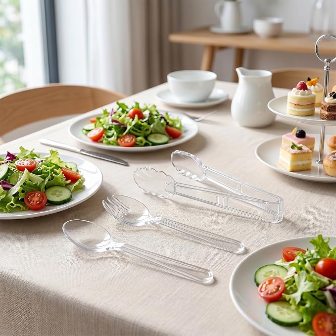 24 Pcs Transparent Plastic Serving Utensils Set - Heavy Duty Disposable Serving Spoons, Forks & Tongs (8 of Each) - BPA-Free Catering Supplies for Buffets, Parties, Weddings & Events