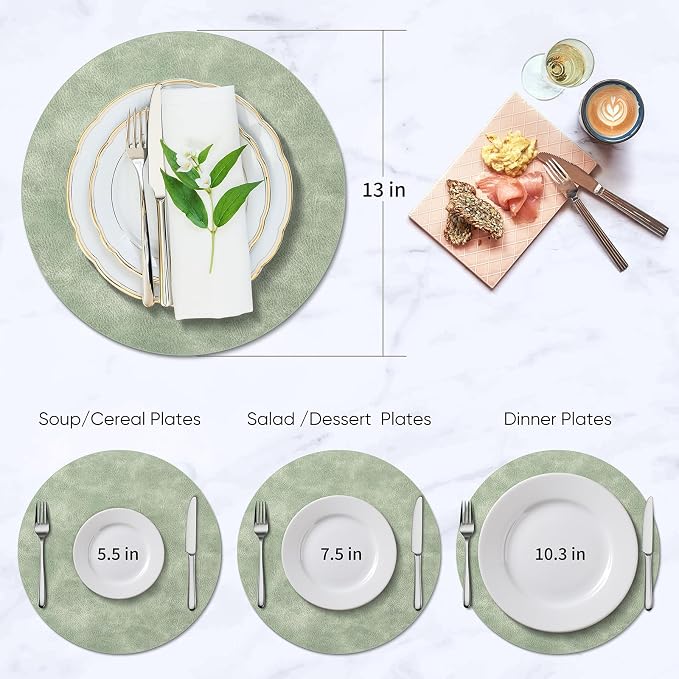 ADRIMER Placemats, Heat Resistant Round Placemats Set of 4 Washable, Waterproof Table Mats, Wipeable Faux Leather Place Mats for Kitchen, Dining Room, Green