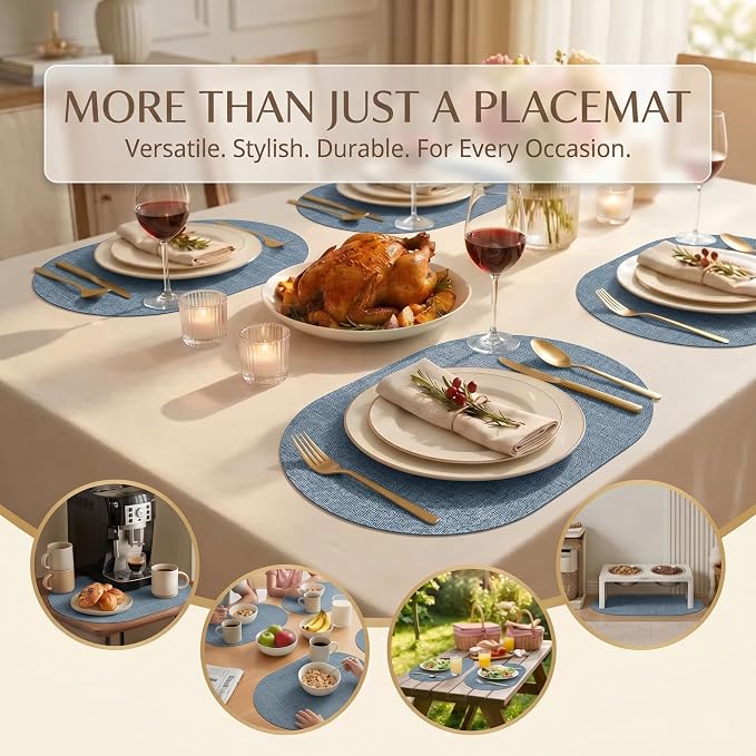 Faux Leather Placemats Set of 6, Wipeable Waterproof Stain Resistant Table Mats, Heat Resistant Thick Placemats with Hand-Painted Edges for Kitchen Dining, Imitative Linen Texture, Various Shapes