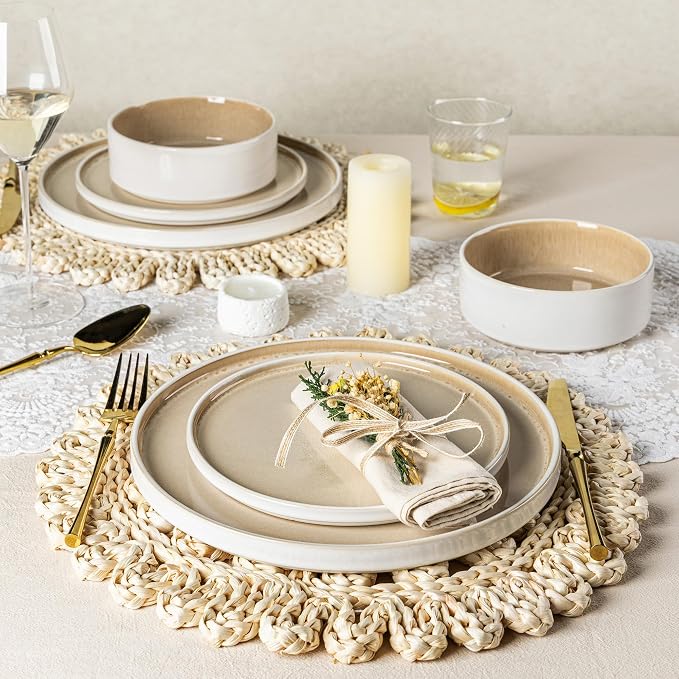 AmorArc Ceramic Dinnerware Sets for 8,24 Piece Plates and Bowls Sets Dishes | Stoneware Handmade Reactive Glaze Dishes Set | Highly Chip and Crack Resistant | Dishwasher & Microwave Safe
