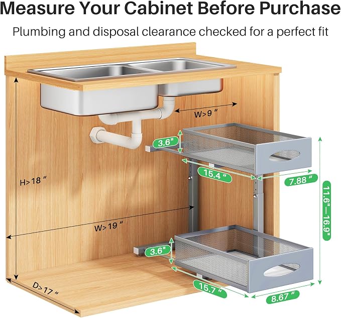 2 Pack Under Sink Organizer, 2 Tier Pull out Cabinet Organizer Mesh Baskets with 5 Adjustable Heights, Sliding Drawers Storage Shelf for Home, Kitchen, Bathroom, Pantry, Office, Countertop ,Grey