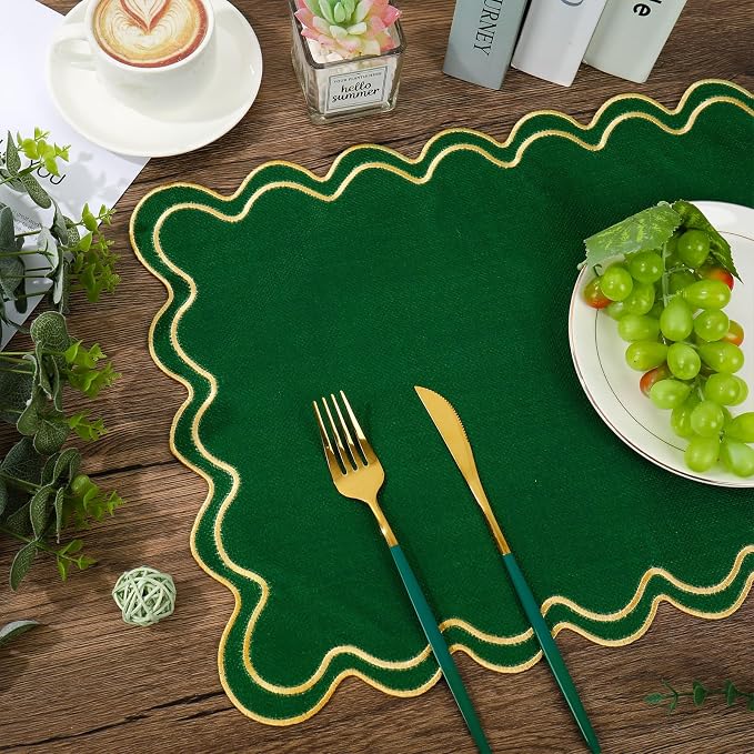 Whaline Green Linen Placemats Embroidered Scalloped Kitchen Place Mats for Birthday Party Home Dining Table Decor, Set of 6, 13 x 19 in