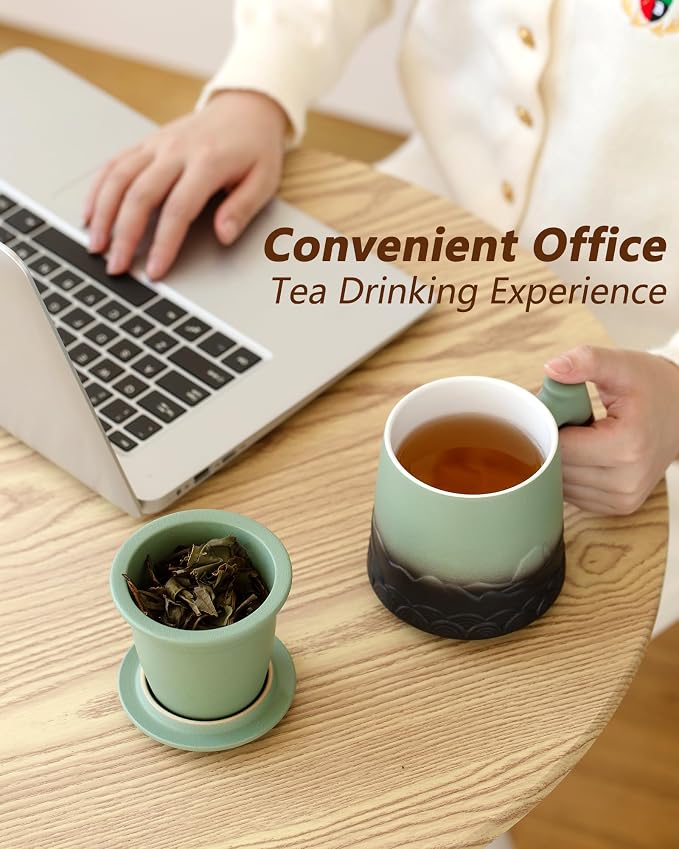 ZENS Tea Mug with Infuser and Lid for Loose Leaf Tea Steeper, 16.9oz Moss | Embossed Ceramic Tea Cup with Infuser for Herbal Tea Difussers, Tea Lovers Gifts, Nature Wood Handle