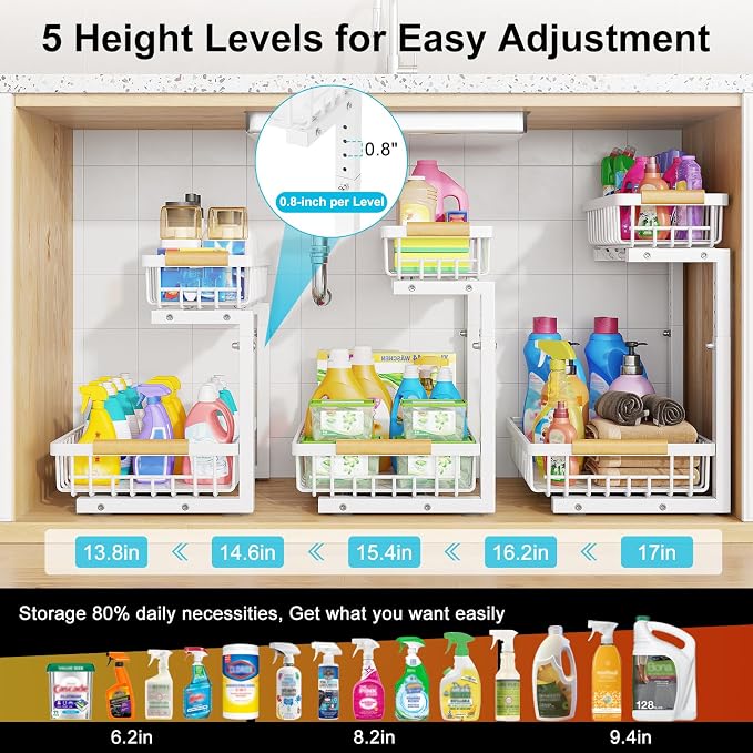 2 Pack Under Sink Organizer, Pull Out Cabinet Organizers, Adjustable Height 2-Tier Metal Slide Out Shelf for Bathroom Under Counter Storage, Kitchen Pantry Laundry Organization Rack, White