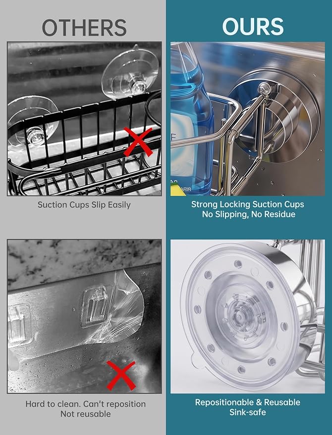 NiHome Corner Sink Caddy, 304 Stainless Steel, Twist-Lock Suction Cup | Repositionable Vacuum Mount And Adjustable Arm Fit Diverse Sinks Saving Countertop Space
