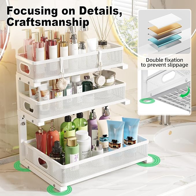 2 Pack Under Sink Organizer,3-Tier White Metal Pull Out Kitchen Cabinet Organizers,Slide Out Undersink Storage Drawers,Under The Sink Organization and Storage, Bathroom Shelves for Pantry,Laundry Room