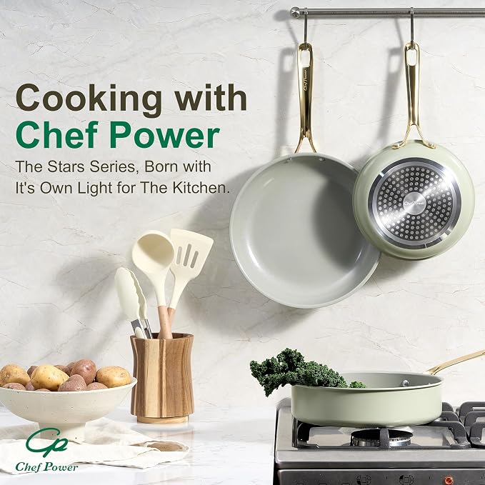 Ceramic Frying Pan with Stainless Steel handle 5Pcs Set, Non Stick Grill Pan Set, Dishwasher and Oven Safe, Sage Green and Granite Grey
