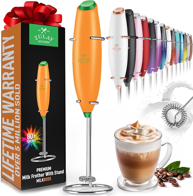 Zulay Powerful Milk Frother for Coffee with Upgraded Titanium Motor - Handheld Electric Whisk, Milk Foamer, Mini Mixer & Coffee Blender for Frappe, Latte, Matcha, No Stand - Jet Orange