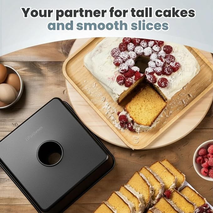 One-Piece Square Tube Cake Pan, 18 Cup, Anodized Aluminum, 9 x 9 x 4.5 in, Seamless Design, Easy Release, Even Heat, for Angel Food, Chiffon, Sponge, Mile High & Pound Cakes (Black)