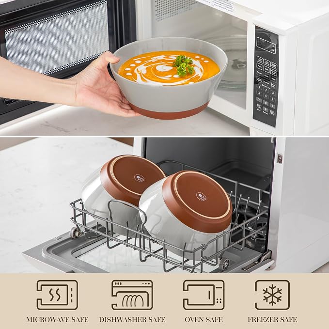 MALACASA Salad Bowls Set of 4, Soup Bowls for Kitchen, 60oz Ceramic Bowl | Large Deep Bowls for Ramen, Cereal, Fruit, Pho and Pasta, Microwave & Dishwasher Safe, Speckled, Grey & Brown, Series TARA