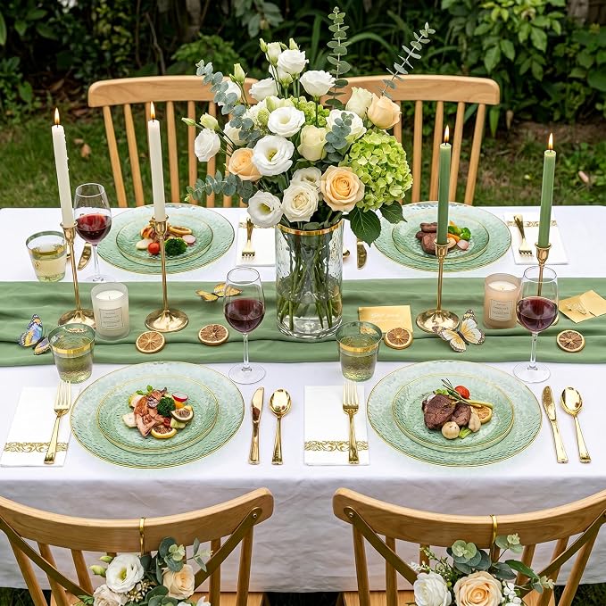 DaYammi 350PCS Sage Green Plastic Dinnerware Set, Plastic Plates Disposable Hammered Disposable Plates for Party, Include: 50 Dinner Plates 50 Dessert Plates 150 Gold Silverware 50 Napkins 50 Cups