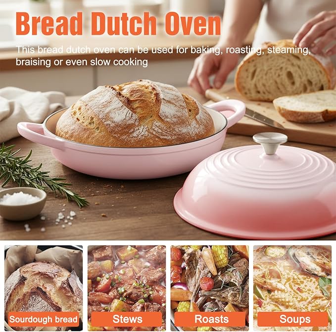 6QT Enameled Cast Iron Round Bread Oven, Sourdough Dutch Oven, Pink | Bread Oven for Homemade Sourdough Bread Baking, Bread Pot with Dome Lid, Gifts for Sourdough Bakers, Oven Safe up to 500°F