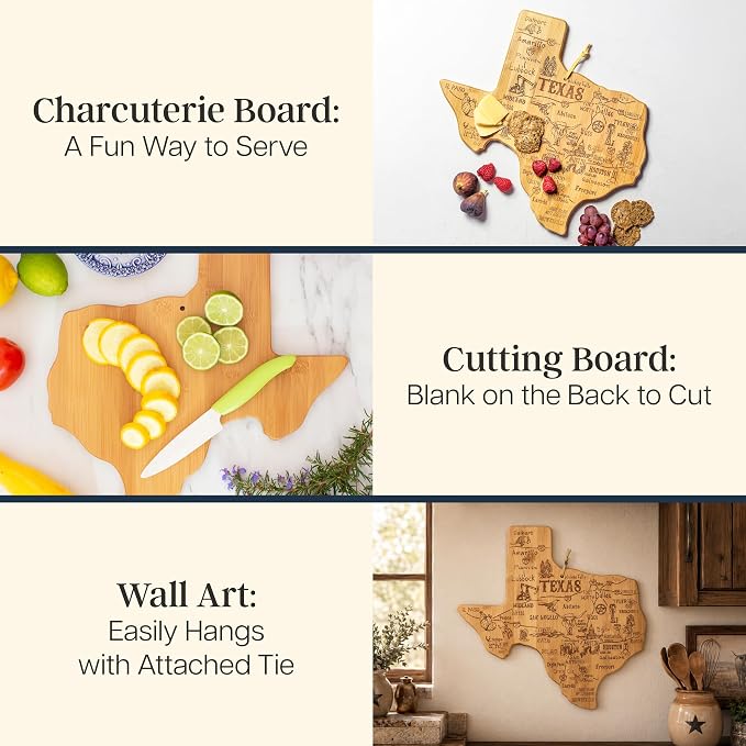 Totally Bamboo Destination Texas State Shaped Cutting Board | State charcuterie serving board with engraved map artwork. Smooth reverse side for food prep. Hang tie for wall display.