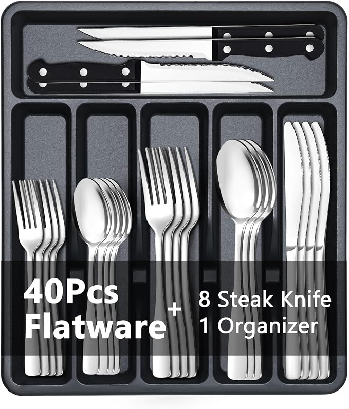BEWOS 49-Piece Silverware Set with Organizer - Stainless Steel Silverware Set for 8 with Steak Knives and Drawer Organizer, Mirror Polished Flatware Set for Home and Restaurant, Dishwasher Safe