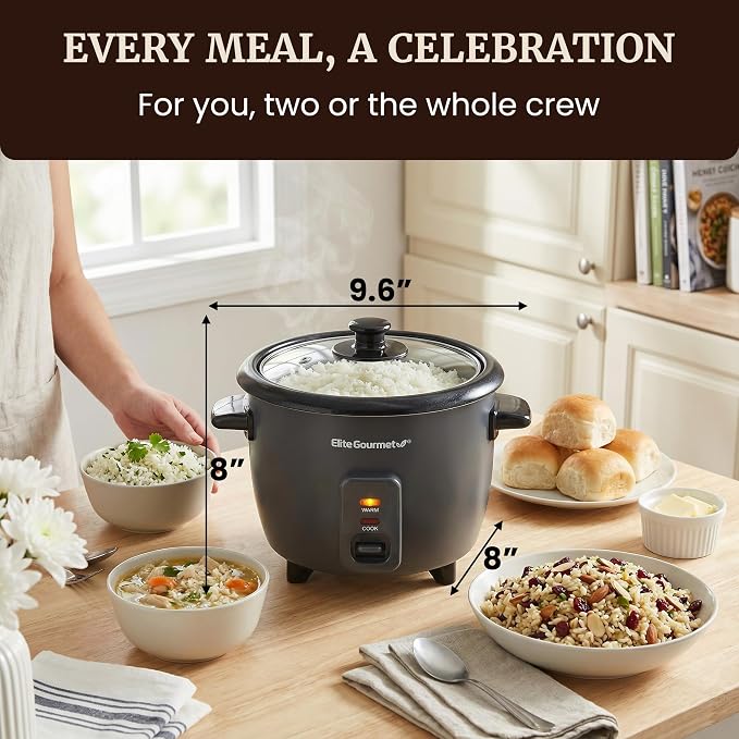 Elite Gourmet ERC6GC Ceramic Rice Cooker, PFAS-Free Non-Stick, Gray | 6-Cup Capacity - Ceralast Coating - Tempered Glass Lid - One-Touch Cooking - Includes BPA-Free Measuring Cup and Spatula