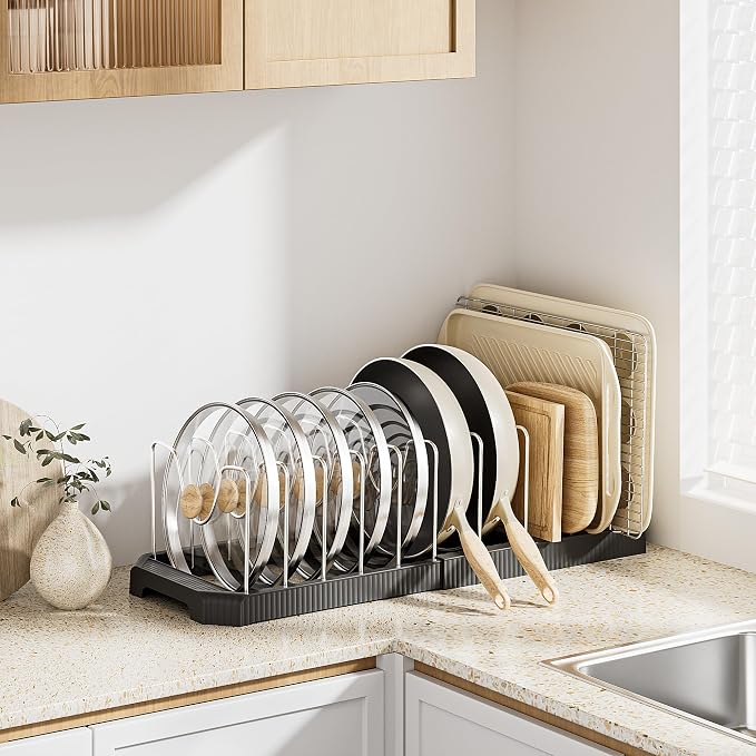 MUDEELA Pots and Pans Organizer under Cabinet, Pan Pot Organizer Inside Cabinet, Expandable 12.9''-21.88'' Pot Lid Organizer Holder with 12 Adjustable Dividers for Cutting Boards, Pan Lid Rack, Black