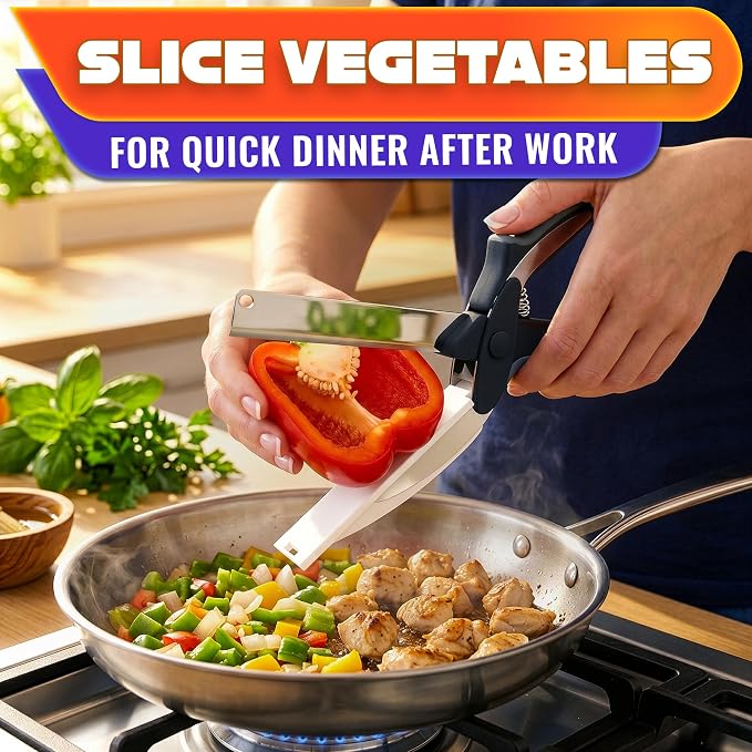 2 in 1 Kitchen Scissors for Food with Cutting Board, Safety Lock | Stainless Steel Cutting Board Scissors for Veggies, Fruit & Cheese; 9.5" Detachable Blade; Dishwasher Safe Tomato Knife
