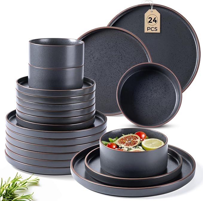 LERATIO Stoneware Dinnerware Sets for 8,24-Piece Matte Plates and Bowls Set | Handmade High Edge Rim Dish Set,Oven & Microwave,Dishwasher Safe,Scratch Resistant-Ashen