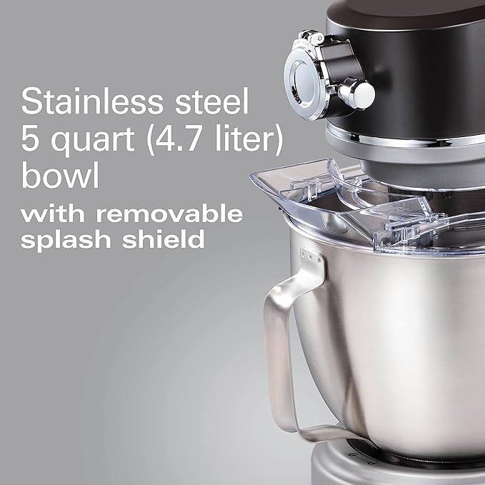 Hamilton Beach Professional All-Metal 5 Qt Stand Mixer With 12 Speeds | Stainless Steel Bowl | 450 Watts| Attachment Hub | Flat Beater, Dough Hook, Whisk | Tilt-Back Head | Stainless Steel | 63240