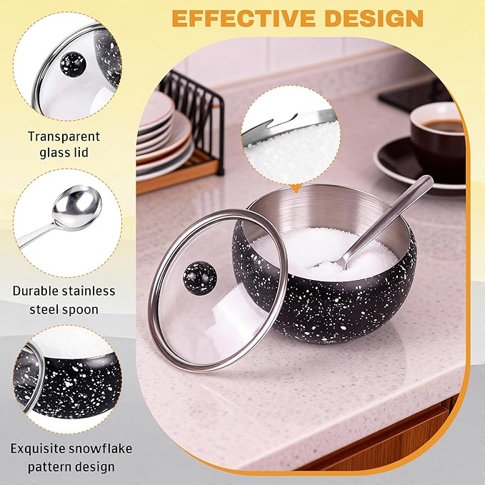 holoith Sugar Container with Glass Lid and Spoon, 16oz Snowflake pattern Stainless Steel Sugar Bowl for Coffee Bar Station Accessories Kitchen Storage for Salt, Candy, Coffee Bean (Black) | 16oz Snowflake pattern Stainless Steel Sugar Bowl for Coffee B...
