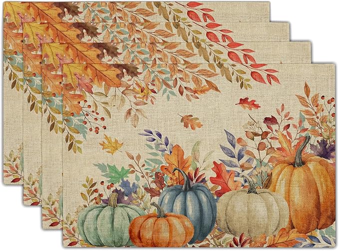 Fall Thanksgiving Placemats Set of 4 18x12 Inch Autumn Pumpkins Maple Leaves Linen Place Mats Heat-Resistant Washable Wipeable Table Mat for Party Kitchen Dining Room Dinner Table Decor