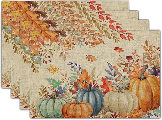 Fall Thanksgiving Placemats Set of 6 18x12 Inch Autumn Pumpkins Maple Leaves Linen Place Mats Heat-Resistant Washable Wipeable Table Mat for Party Kitchen Dining Room Dinner Table Decor
