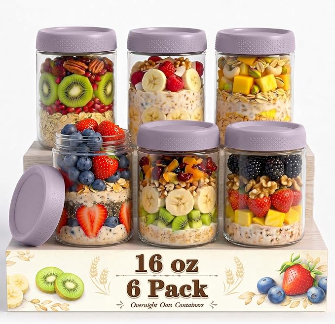 Overnight Oats Containers with Lids, 16oz Parfait Cups with Lids, Glass Jar | 6 Pack Glass Jars with Lids, Yogurt Containers with Lids for Kitchen, Mason Jars for Storage, Pudding, Snack, Sugar, Purple