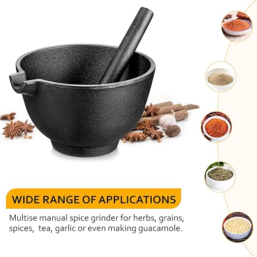 Velaze Cast Iron Mortar and Pestle Set,3 Cup Capacity | 6.5 Inch Pestle,27 oz Molcajete,Pour Spout Design,Spice Grinder,Smasher for Pesto,Herbs,Seasonings,Homemade Recipes,Pills