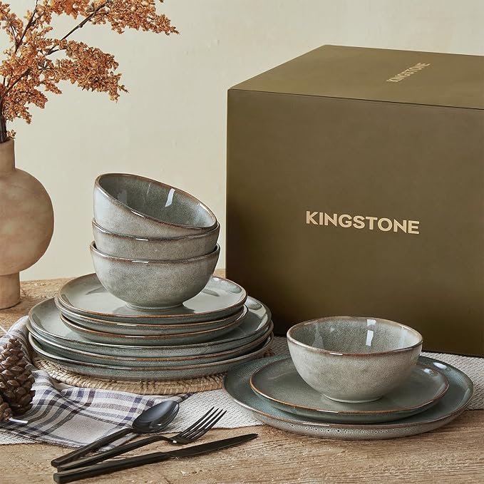 Stoneware Dinnerware Sets for 4, Reactive Glaze Plates and Bowls, Grey | 12-Piece Handcrafted Rustic Porcelain Dishes Set, Highly Scratch Resistant, Dishwasher & Microwave Safe