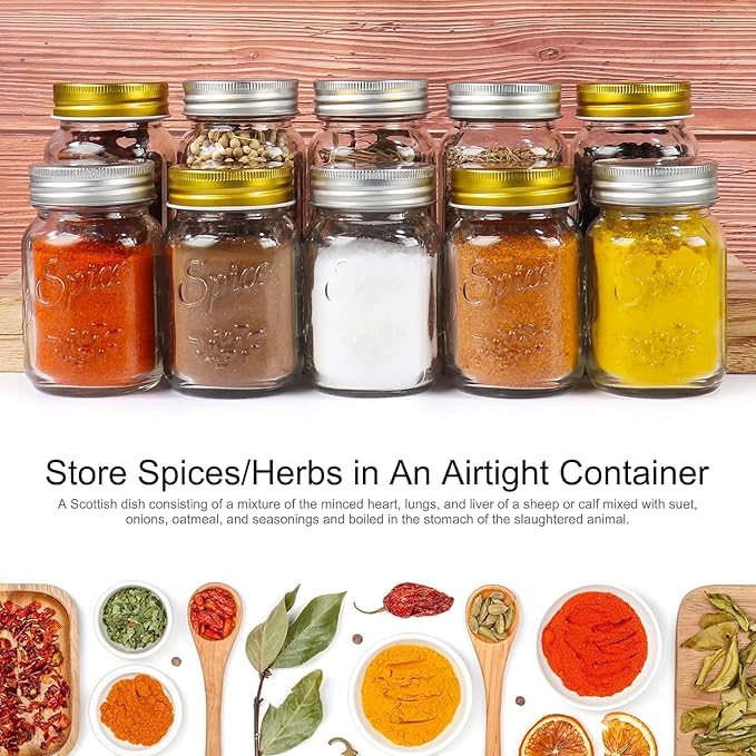 CycleMore 30 Pack 4oz Round Glass Spice Jars with Shaker Lids & Metal Caps | Durable Vintage-Style Glass. Ideal for Spice Organizing & Baking, Includes 80 labels, Collapsible Funnel, Brush & Pen