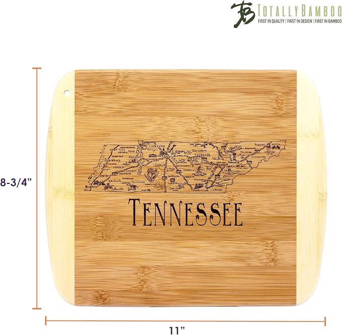 Totally Bamboo A Slice of Life Tennessee Engraved Map Cutting Board | 11” x 8.75” charcuterie board with engraved state map artwork. Smooth reverse side for food prep. Hang tie for wall display.
